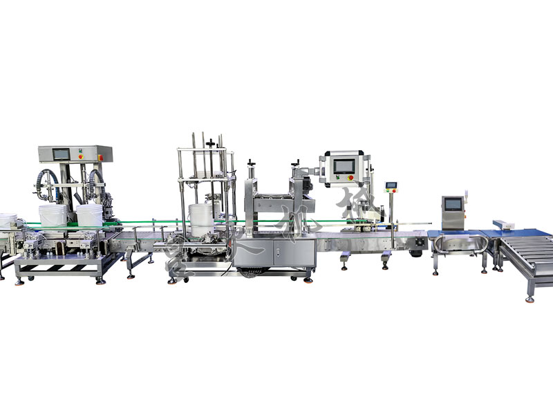 电子定量称重灌装机生产线-油墨灌装扣盖压盖贴标检重